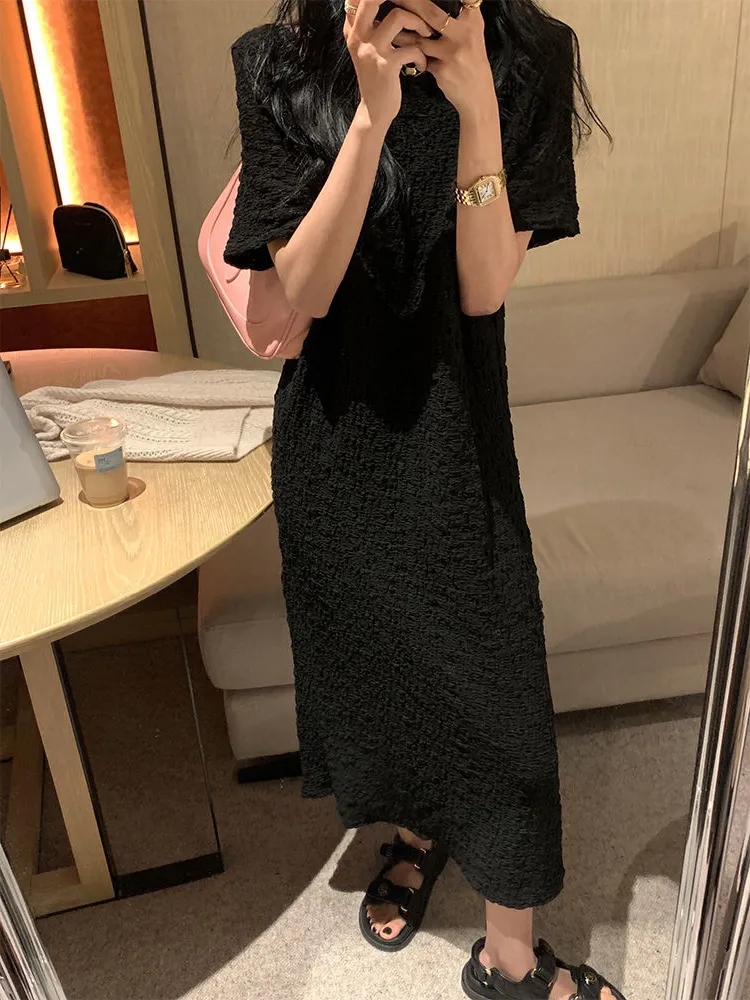 Korean Lifestyle - Vestido Midi T-Shirt Plissado de Manga